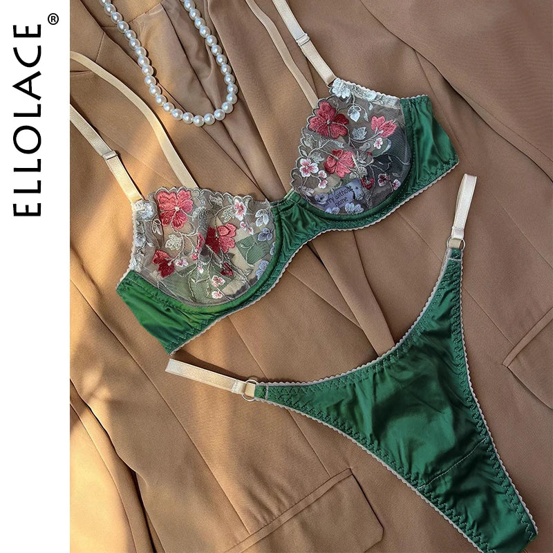 Ellolace Floral Sexy Erotic Lingerie Woman Transparent Lace Bra Satin Intimate Female Without Censorship Romantic Bilizna Set