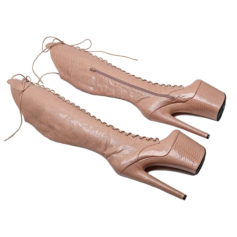 20CM/8inches Snake PU Upper Pole Dancing Shoes Fahion High Heel Platform Lace up Thigh High Boots Pole Dance Boots
