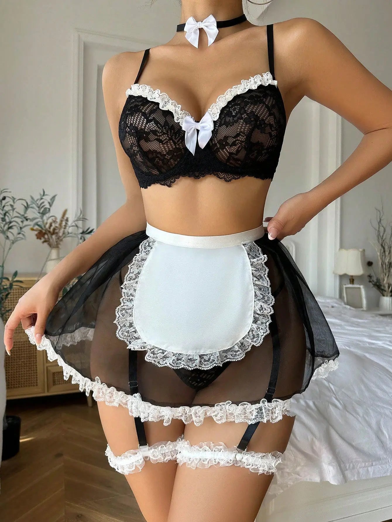 Maid Lingerie Sexy Outfits Fancy Lace Bowknot Bra Kit Push Up Sheer Mesh Skirt See Through Intimate