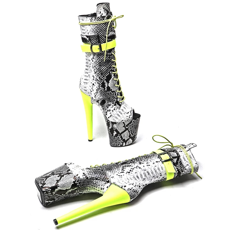 20cm/8inches Snake Upper with Matte PU Open Toe Fashion High Heel platform Pole Dancing boots