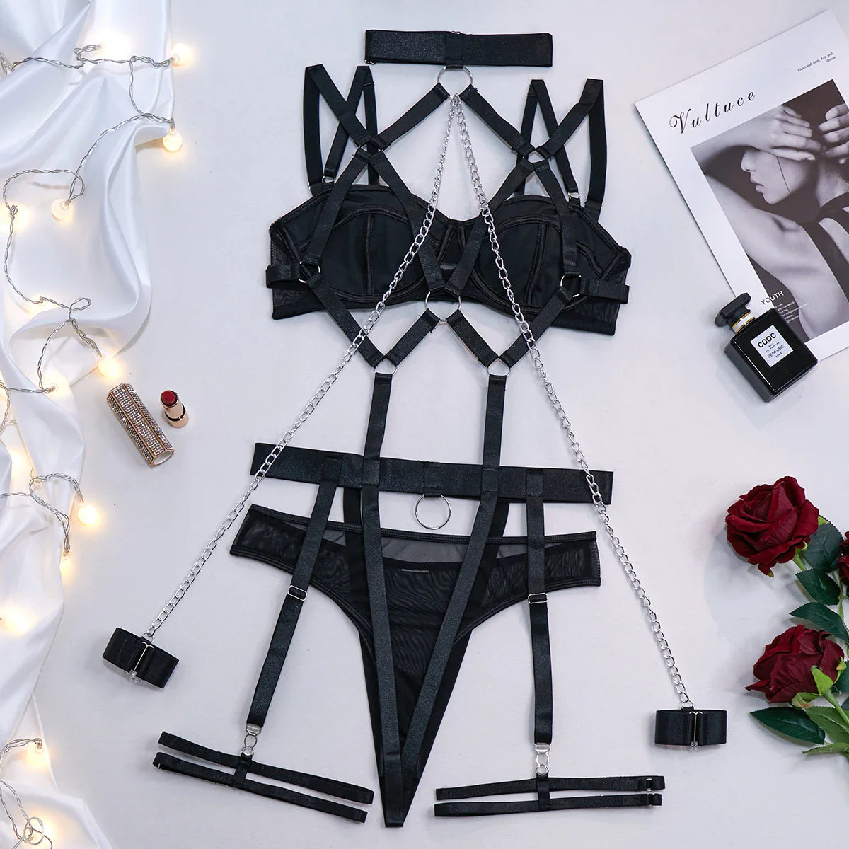 Ellolace Bondage Bandage Bodysuit Halter Sexy Porn Women Body With Chain Hollow Uncensored Erotic Costumes Fetish Sissy Teddy