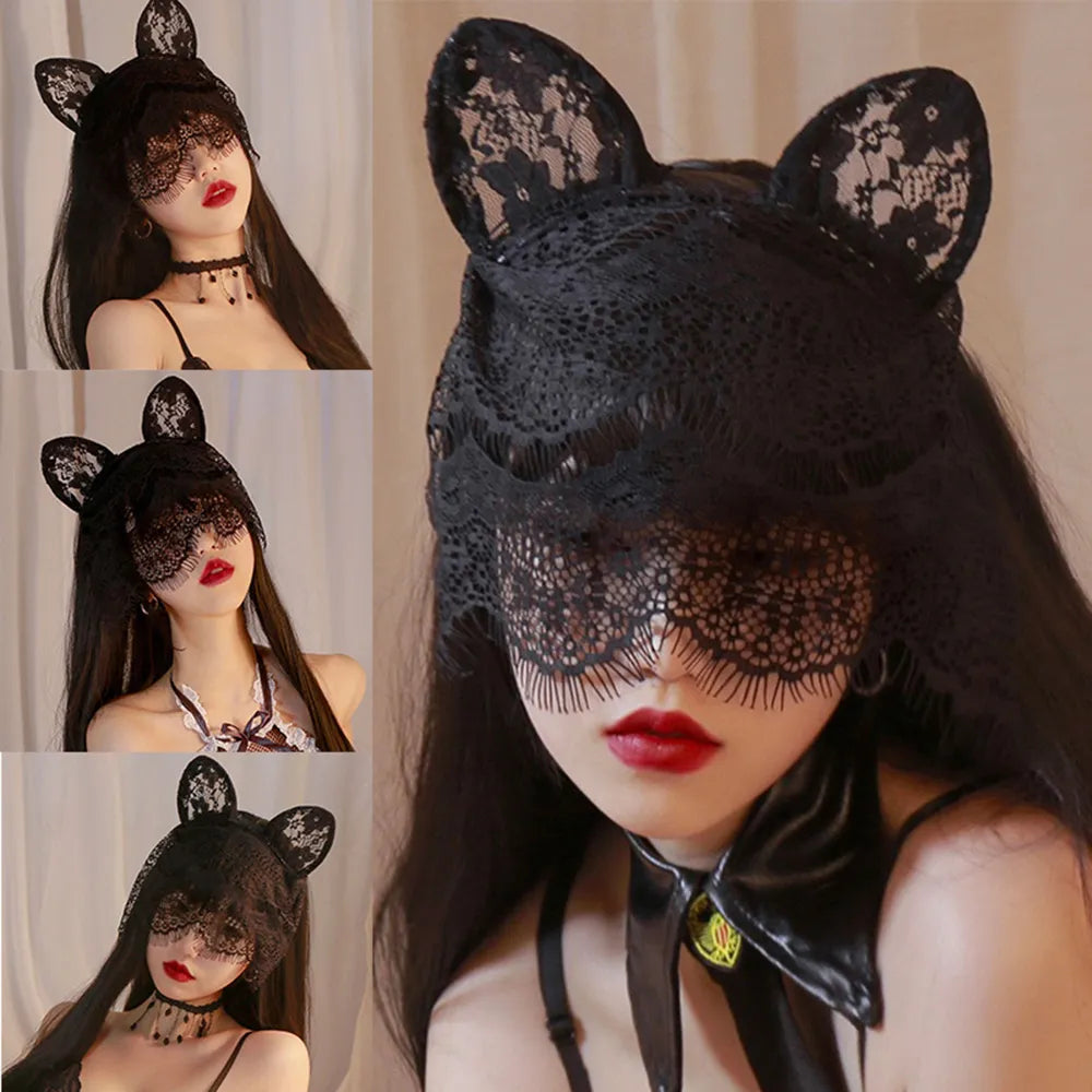 Cosplay Party Masquerade Headwear Lace Veil Cute Cat and Rabbit Ears Cosplay Headband Hairpin Women Squid Game Anime