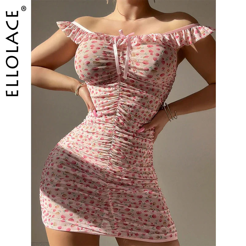 Ellolace Off Shoulder Ruffles Dress Floral Sweet Girl Slim Sexy Dress Sissy Adult Doll Hot Valentine Elegant Dresses Sexy Dames