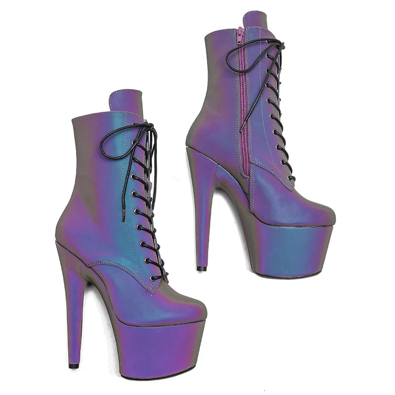 17CM/7inches Holographic Light reflected PU upper Pole dancing shoes High Heel platform boot women boots 3B