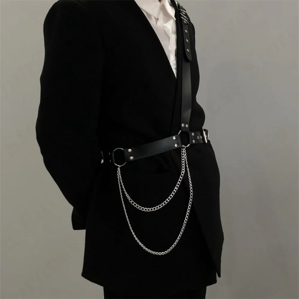 Gay Men Harness One Shoulder Back PU Leather Harness Body Chain Harness Carnival Costumes Rave Outfit Festival Wear