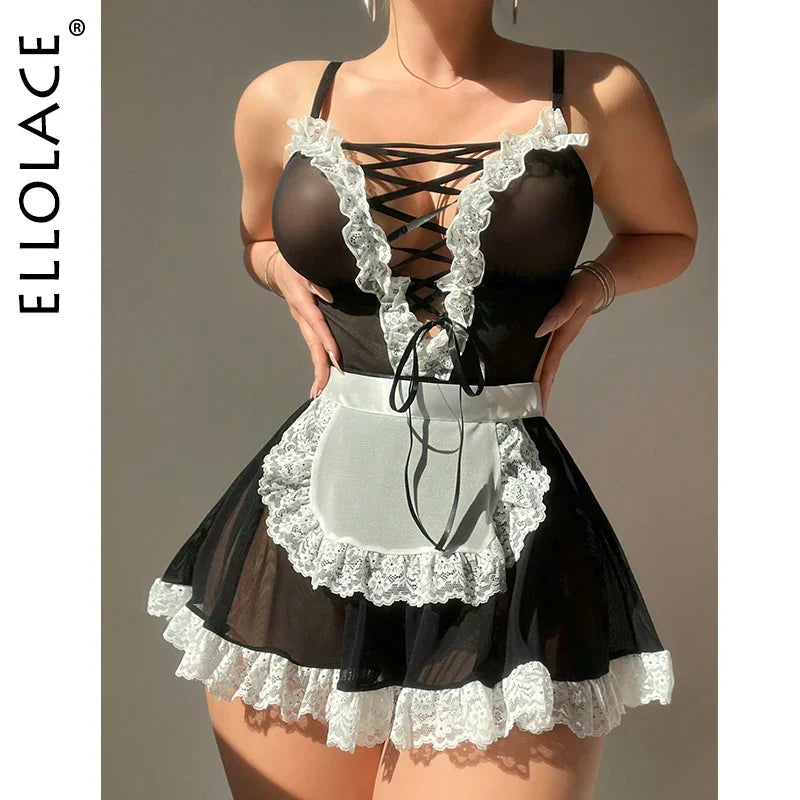 Ellolace Housemaid Cosplay Lingerie 3-Piece Set See Through Lace Up Top Apron G-String Exotic Sets Mesh Lace Onlyfans Disguise