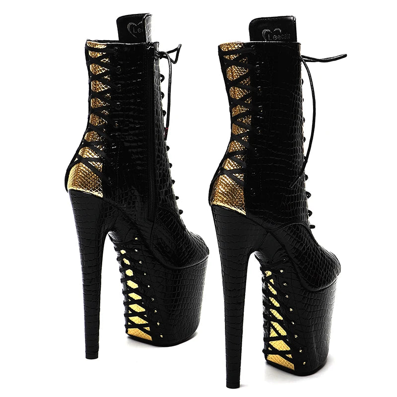 20CM/8Inch Shiny PU with Gold color Small open toe Platform disco party High Heels Shoes Pole Dance boot