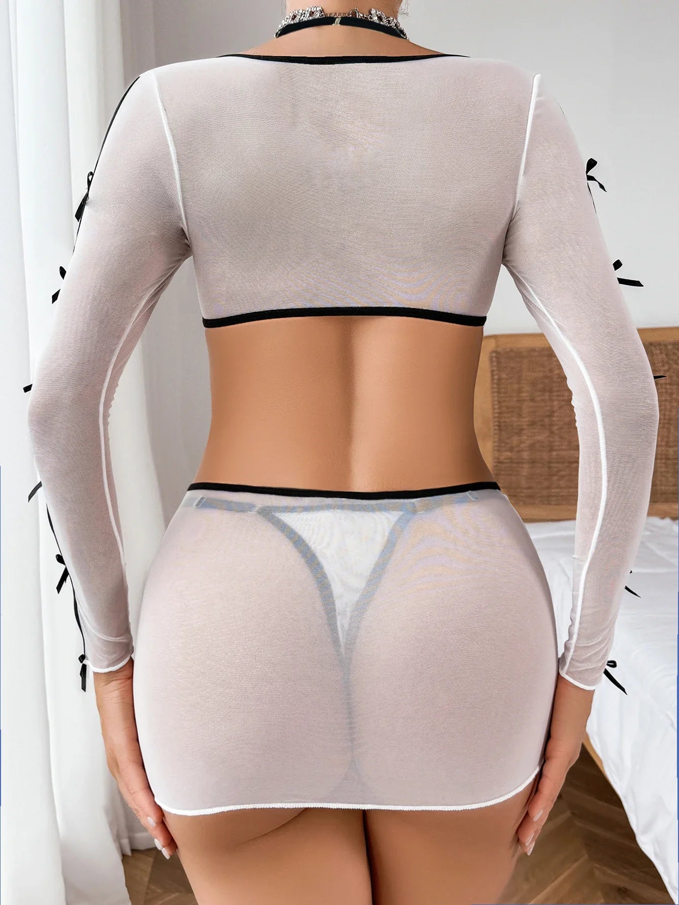 Ellolace Lingerie Sexy Woman Push Up Split Long Sleeve Bowknot Transparent Attractive Chest Romantic Girl Sexy Clothes For Lady