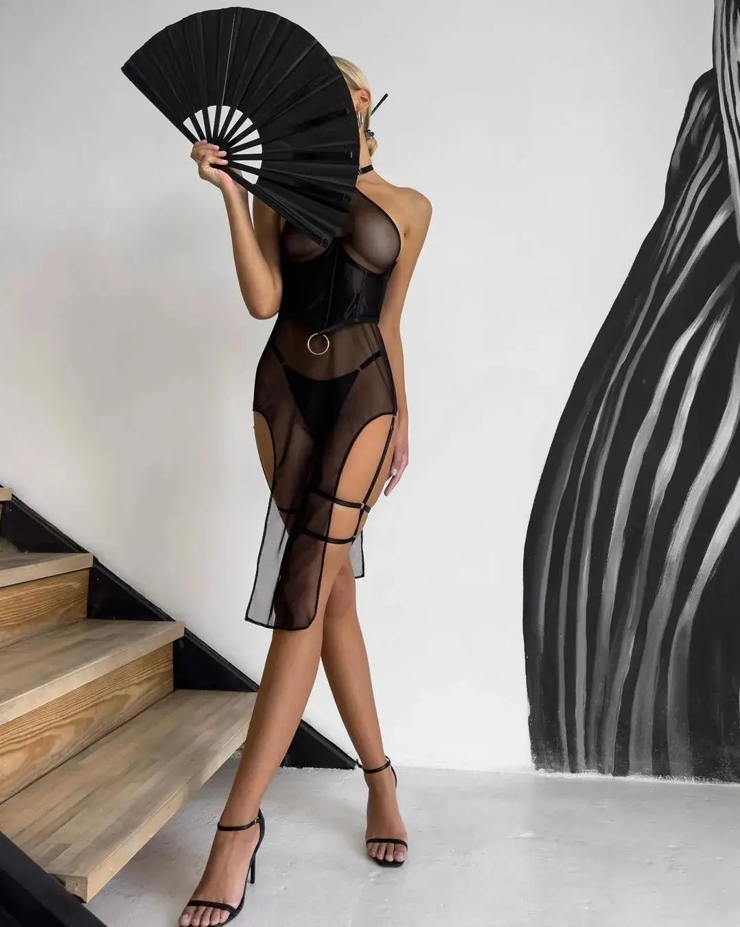 Roleplay y See-Through Costumes Halter Dress Lingerie With Leather Garter Cosplay Fantasy Dress