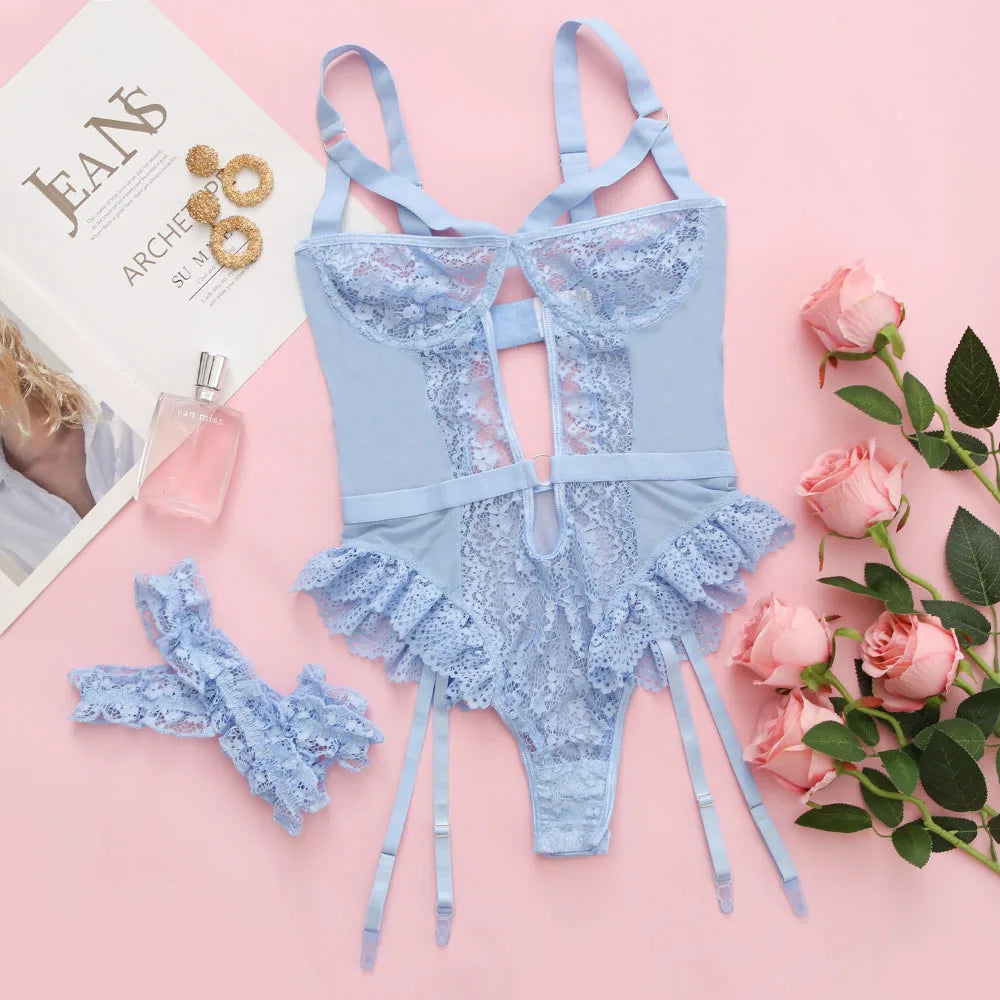 Lingerie Bodysuit Ruffle Lace Hollow Out Sensual Tops Crotchless Teddy Bear Tights Babydoll