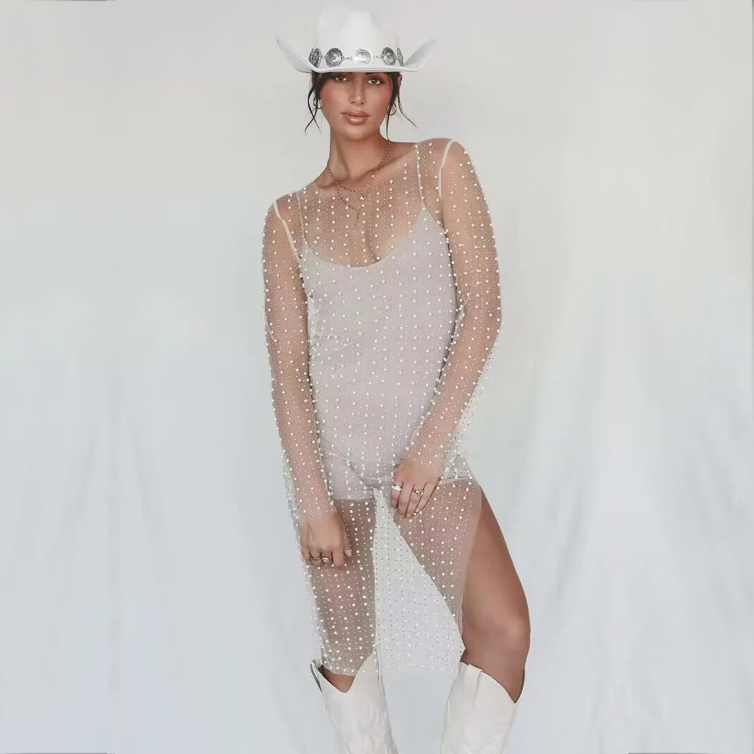 hirigin Women's Sexy Mesh Rhinestone Pearl Dress Side Slit Sheer See Through Midi Dress Holiday Beach Cover Up Dresses