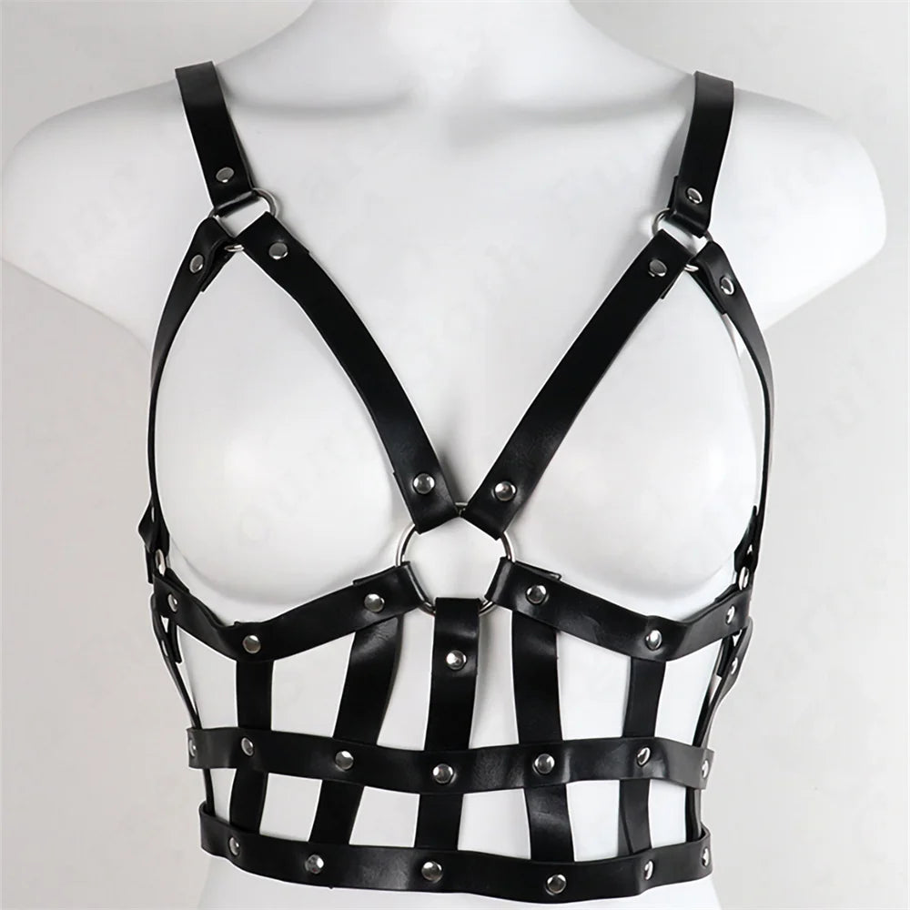 PU Leather Harness Body Set Women Gothic Lingerie Body Goth Corset Suspender Waist Leg Garters Rave Clothes