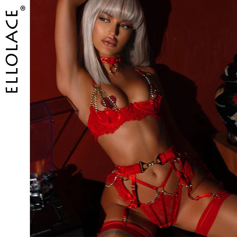 Ellolace Fancy Lingerie Luxury Lace Push Up Half Cup Bra With Chain Hot Sexy Red Delicate Underwear Valentine Sissy Intimate