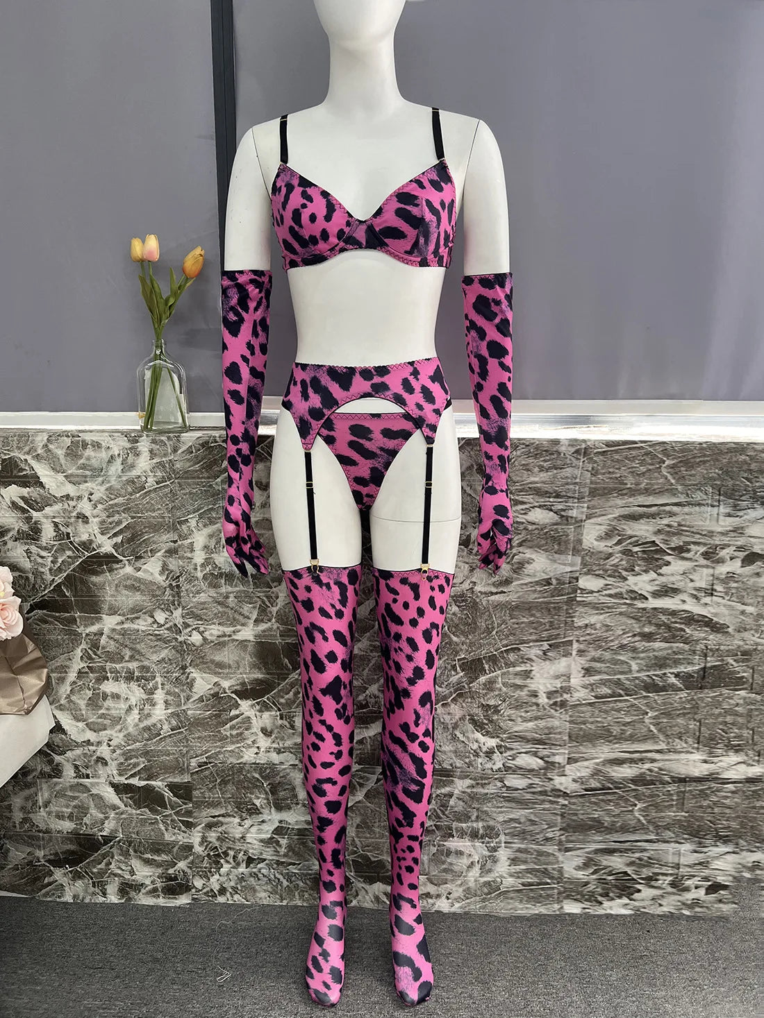Ellolace Ensemble Leopard Lingerie Sexy Attractive Suspenders Erotic Hot Silk Underwear Stocking Animal Print Mulberry Outfit