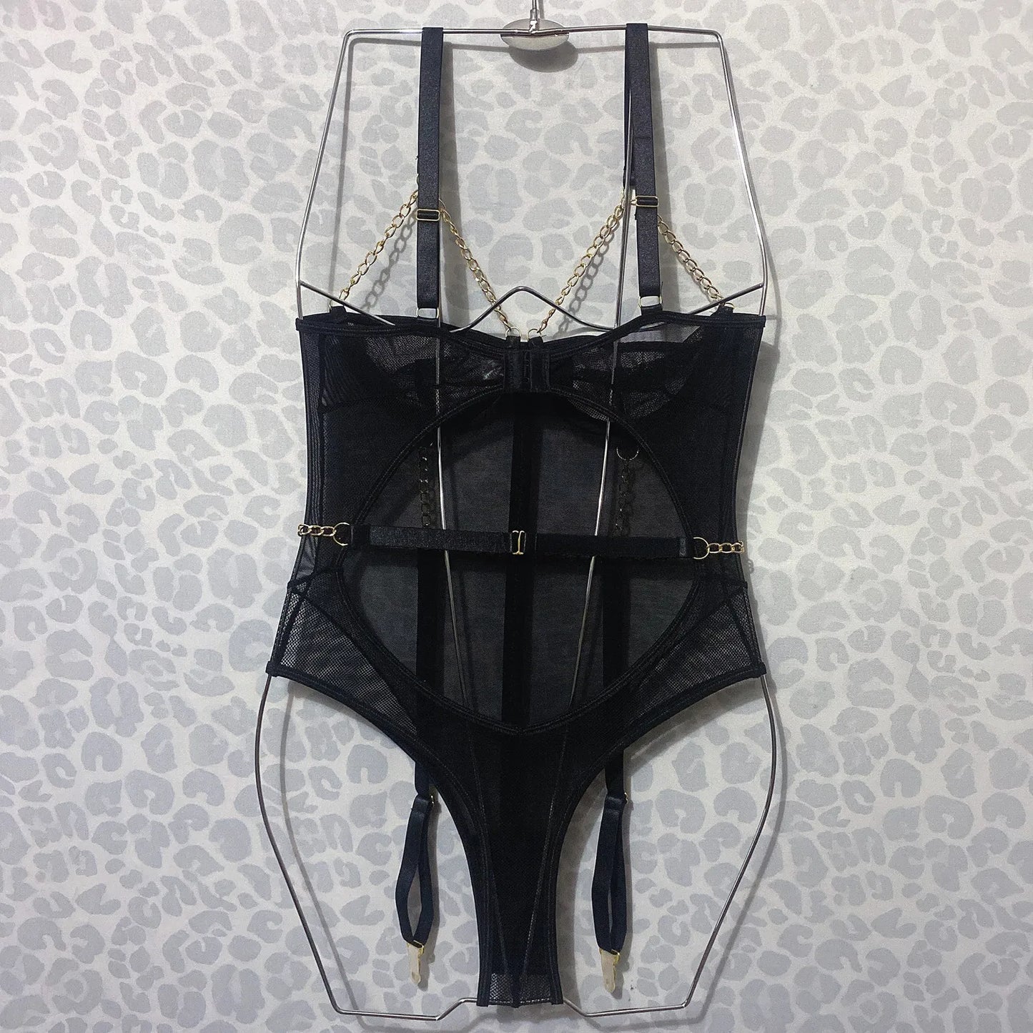 Tight Bodysuit With Chain Fitness Transparent Mesh Body Woman Sheer Lace One Piece Tops Nightclub Fantasy Teddy