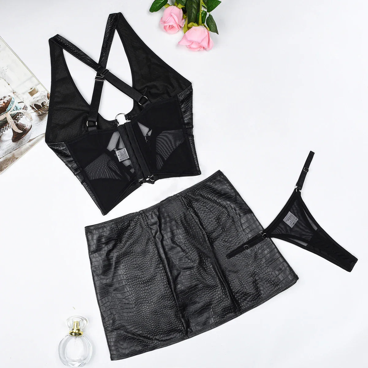 Ellolace Sexy Short Mini Skirts Sets for Women 2 Pieces Leather Outfit Lace Up Cross Bra Coquette Youthful New in Matching Sets