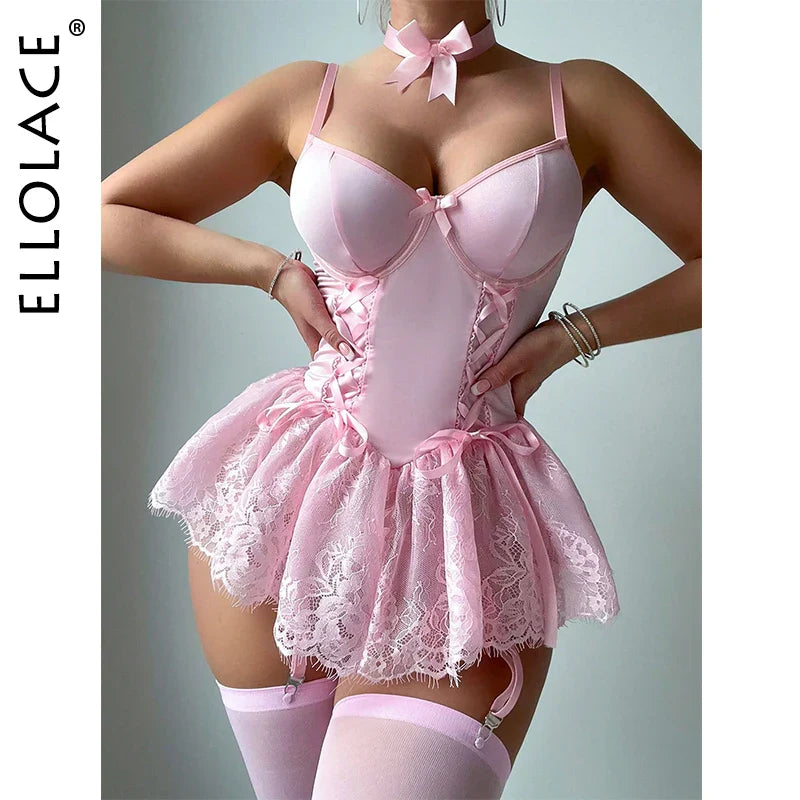 Ellolace Fancy Sexy Lingerie Girly Pink Corset Dress With Stocking g-String Tightening Matching 5-Piece Sissy Lace Onlyfans Kit