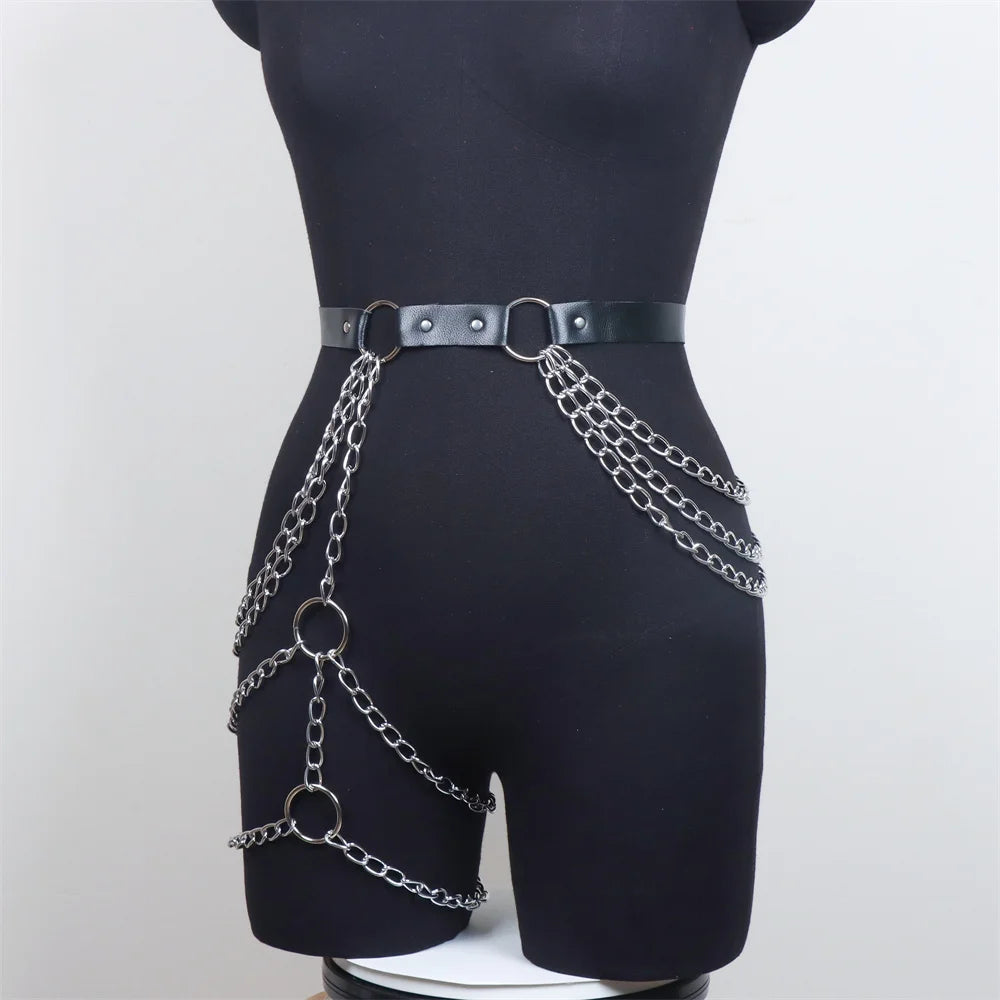 Body Waist Chain Gothic Punk Leather Harness Jewelry Belt Layered Belly Chain for Women Festival Rave Party Accessories