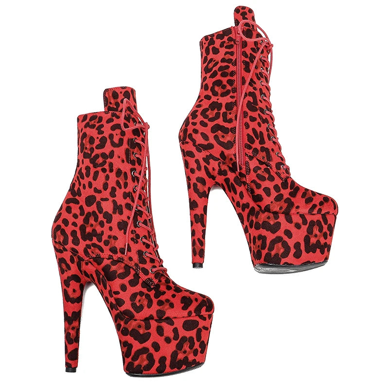Leopard 17CM/7inches Pole dancing shoes High Heel platform Boots Pole Dance boot