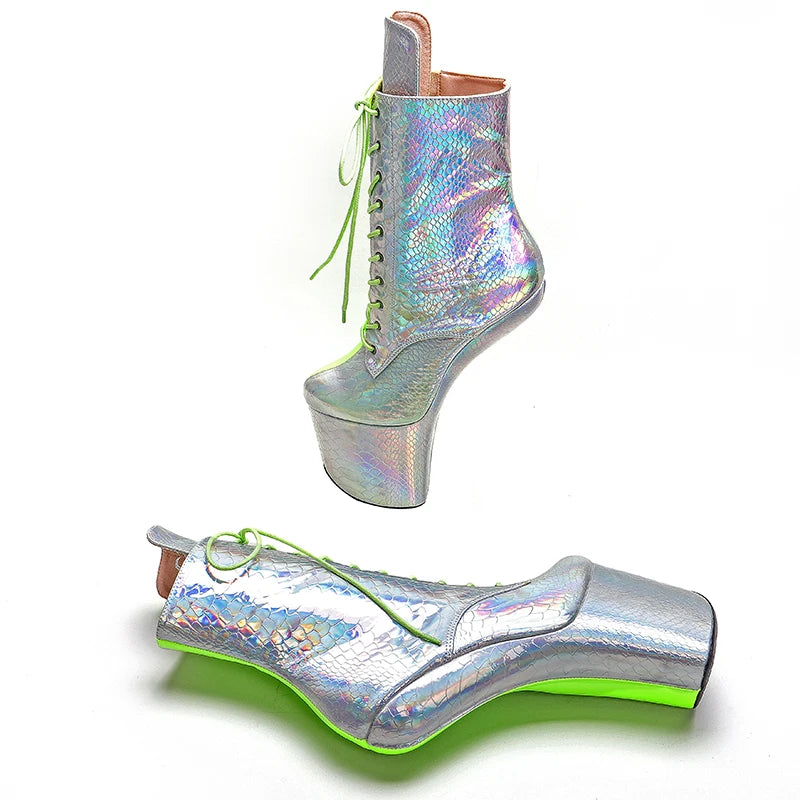 PU Upper Silver with green color Platform Ankle Boots y Exotic heelless pole dance shoes