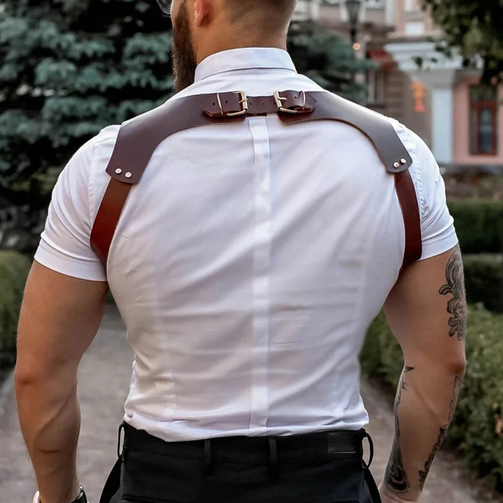 Men's Suspenders Vintage Brown PU Leather Straps Braces Suspender Men Harness Punk Chest Shoulder Belt Strap Apparel Accessories