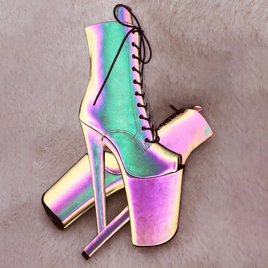 23CM/9inches Reflective material PU open toe Pole dance shoes High Heels Pole Dance boot