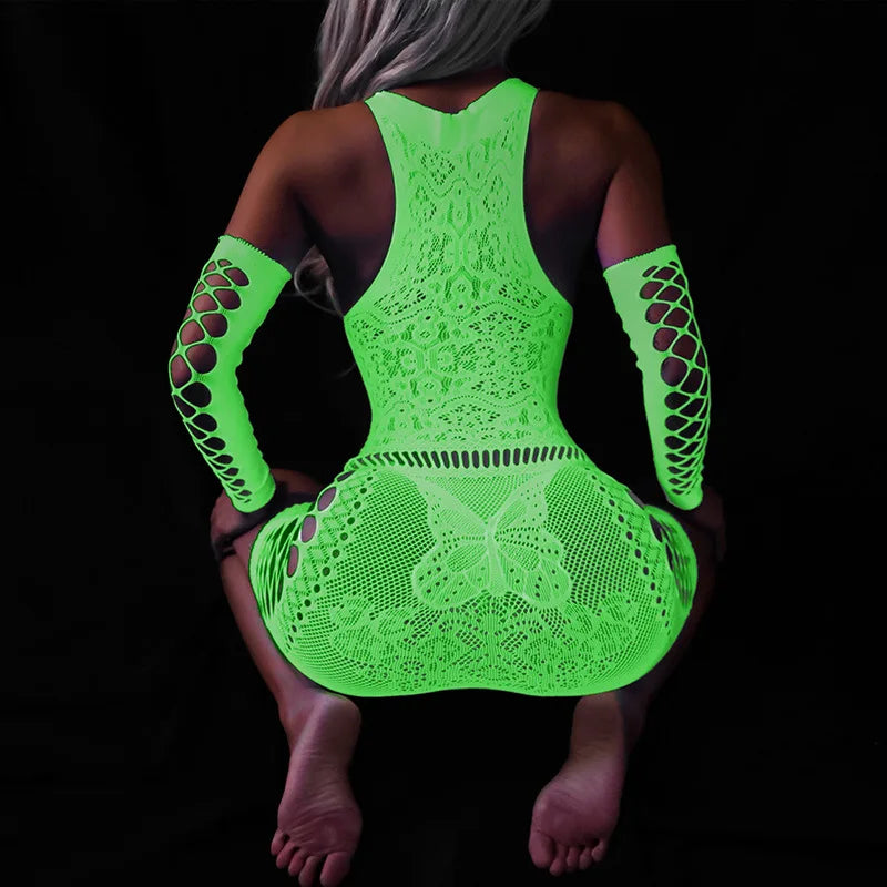 New Luminous Crotchless Bodystocking For Mesh Babydoll Dress Transparent Lingerie Plus Size Curvy Bodysuit Costumes
