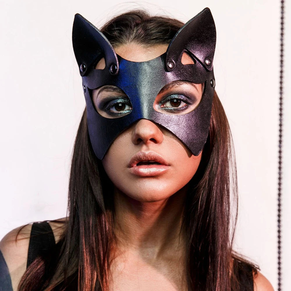 Women Cosplay Mask Leather Harness Mask Cosplay Fun Cat Mask Black Halloween Games Mask