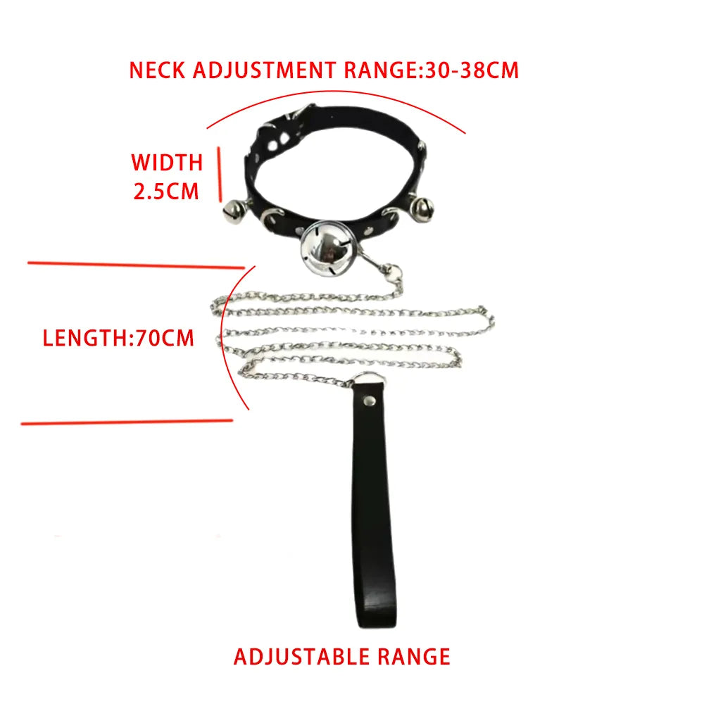 2PCS Handmade Leather Neck Collar Choker with O-ring and Chain Leash Adjustable Roleplay Accessory Love Necklace for Couple