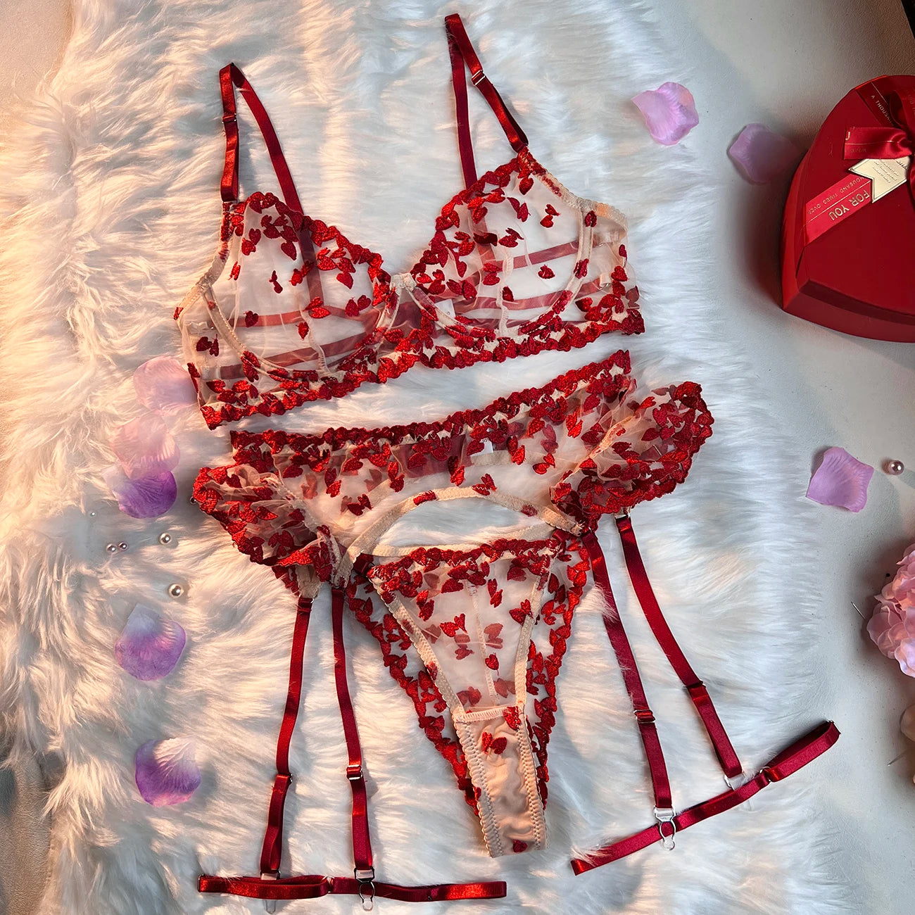 Heart Sensual Lingerie Sheer Lace Embroidery Fancy Underwear 4-Piece Ruffle Intim Goods Delicate Outfits