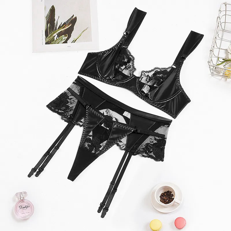 Leather Lingerie y Lace Patchwork Underwear 3-Piece Floral Sheer Bra And Panty Set Garter Intimate Outfit