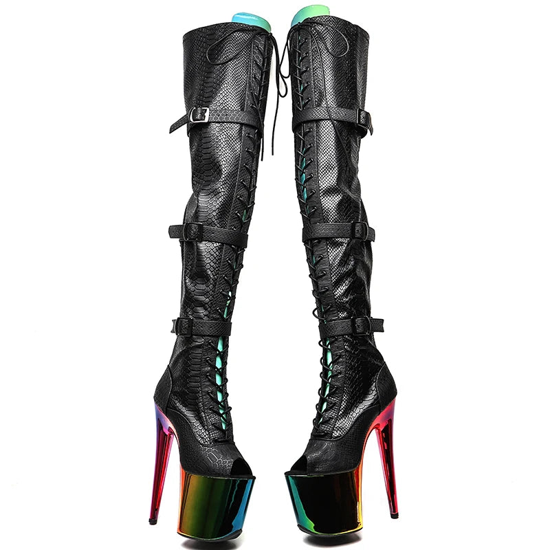 20CM/8inches Snake PU Upper Open Toe With Colorful Electroplate High Heel Platform Boots Pole Dance Boots
