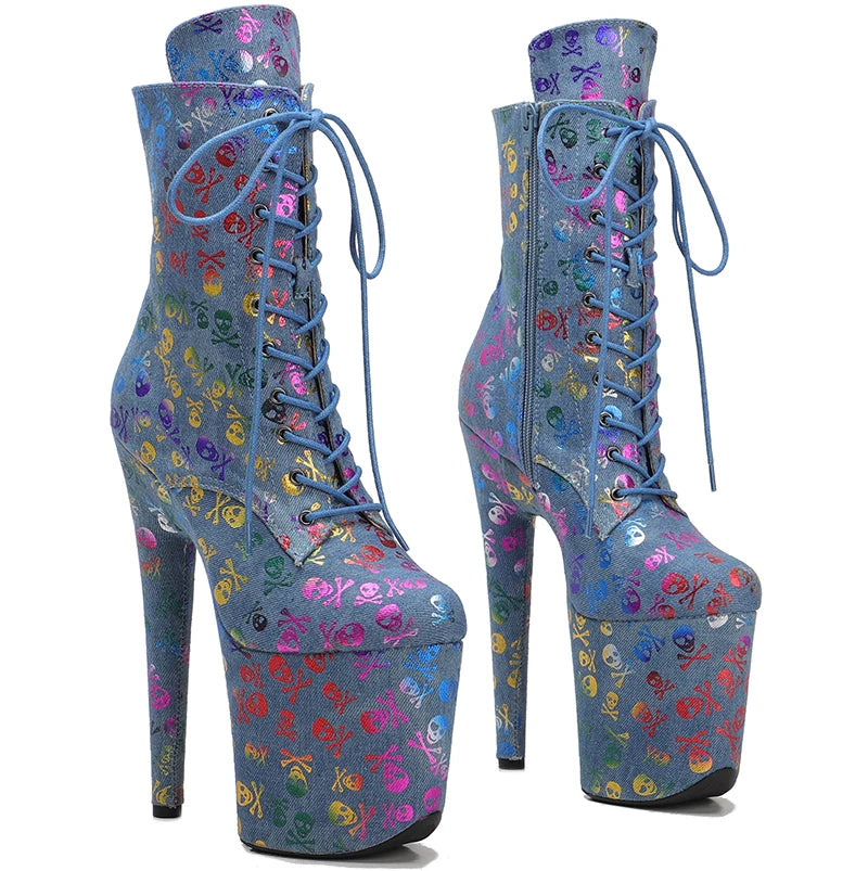 20CM/8inches Skull pattern Super High Heel Pole Dancing Ankle Boots Lacing Fashion Club Stage Performance High Heel 3B