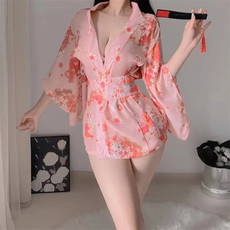 Women Sexy Lingerie Cosplay Pink Kimono Set Plus Size Women Underwear Japan Short Dress Lace Skirt Open Sleepwear Mini Dress