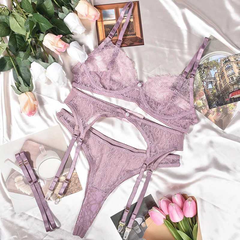 Fancy Lingerie Lace Seamless Underwear Pearly See Through Intim Goods Solid Bra And Panty Set Garters Outfit