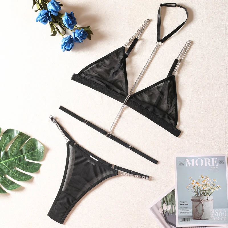 Lencería sensual, ropa interior de tul sin censura con cadena, ligas con cuello Halter, disfraces transparentes de encaje