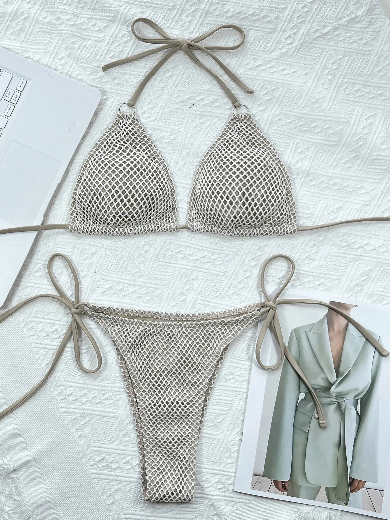 Fishing Net Bikini Halter Women's Swimsuit Stylish Solid Padded Swimwear Brazilian Fantasy Monokini Beach Outfit