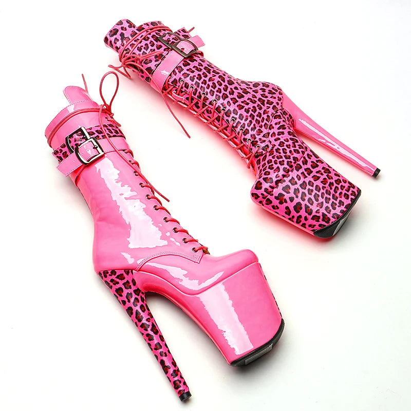 20cm/8inches Patent PU With Leopard Upper Fashion High Heel platform Pole Dancing boots