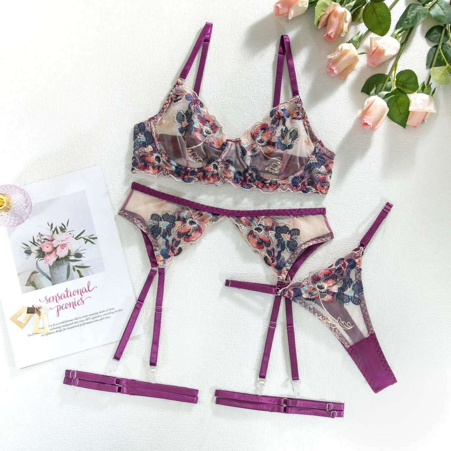 Ellolace Lingerie Sexy Transparent Porn Underwear Women Body Sexy 5-Piece Intimate Woman Pig Lace Floral Fancy Garter Belt Set