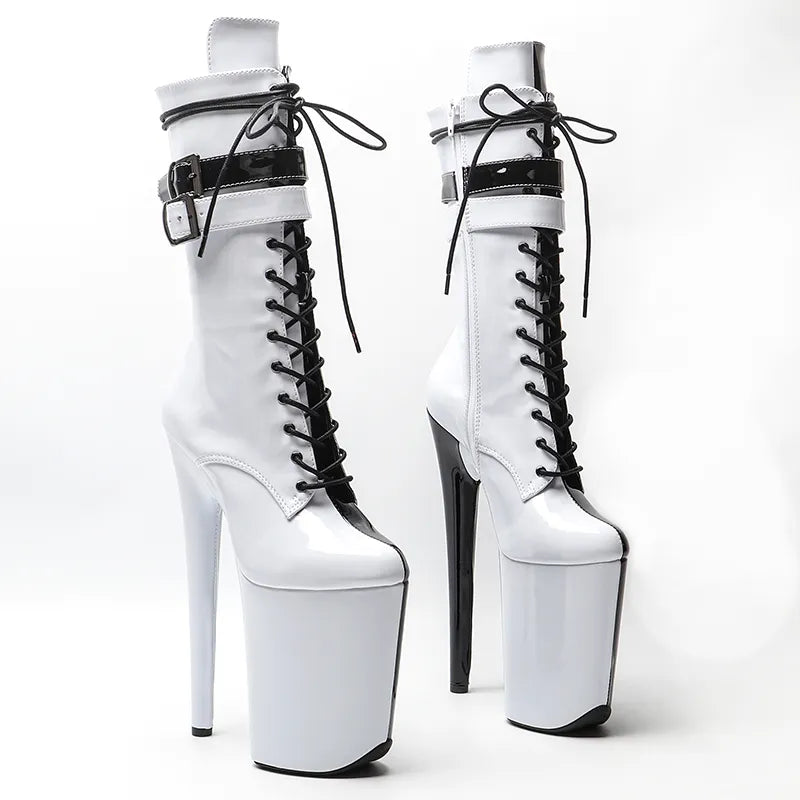 23CM/9inches Patent upper white color with black color Two color Mix y boots High Heels Platform Pole Dance shoes