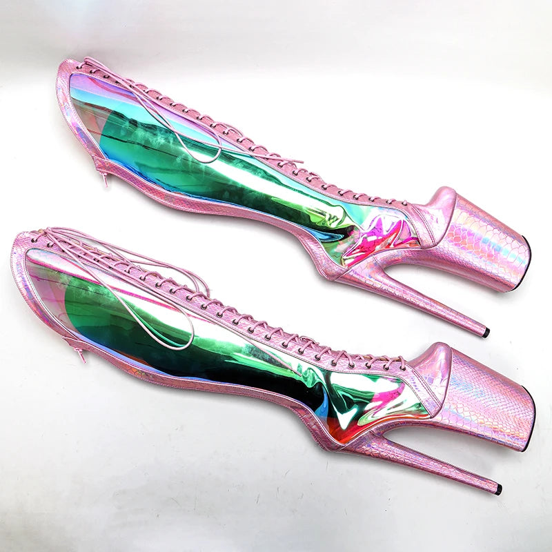 23CM/9inches Snake Pink holographic Upper fashion lady High Heel platform Pole Dance boots