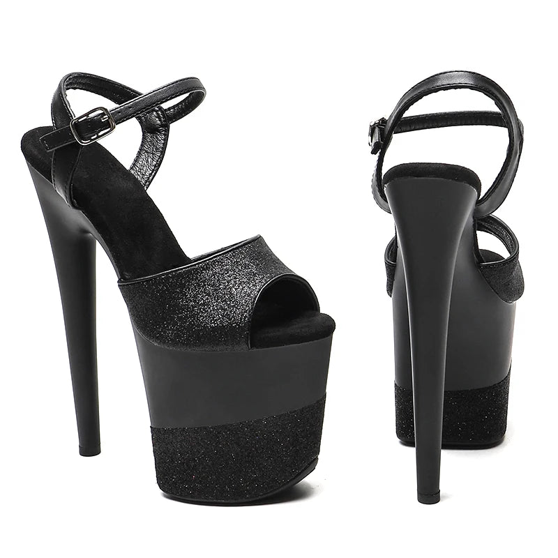 20cm/ 8inches Glitter upper matte black color with Glitter platform high heel sandals pole dance shoes