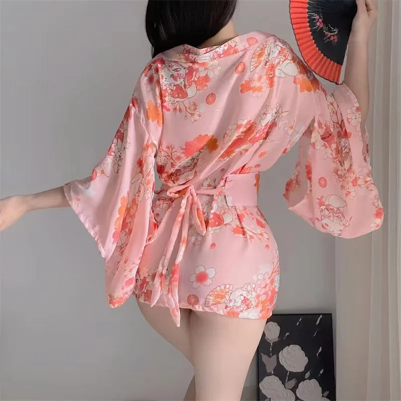 Women Sexy Lingerie Cosplay Pink Kimono Set Plus Size Women Underwear Japan Short Dress Lace Skirt Open Sleepwear Mini Dress