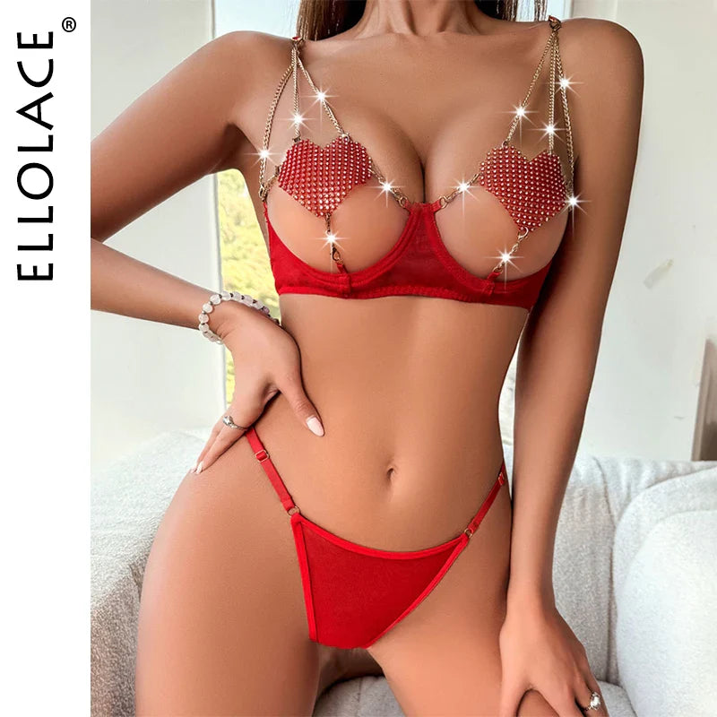 Ellolace Heart Erotic Lingerie Onlyfans Kit Rhinestone Balcony Bra Bilizna Set Sissy Red Romantic Valentine Hot Sensual Outfits