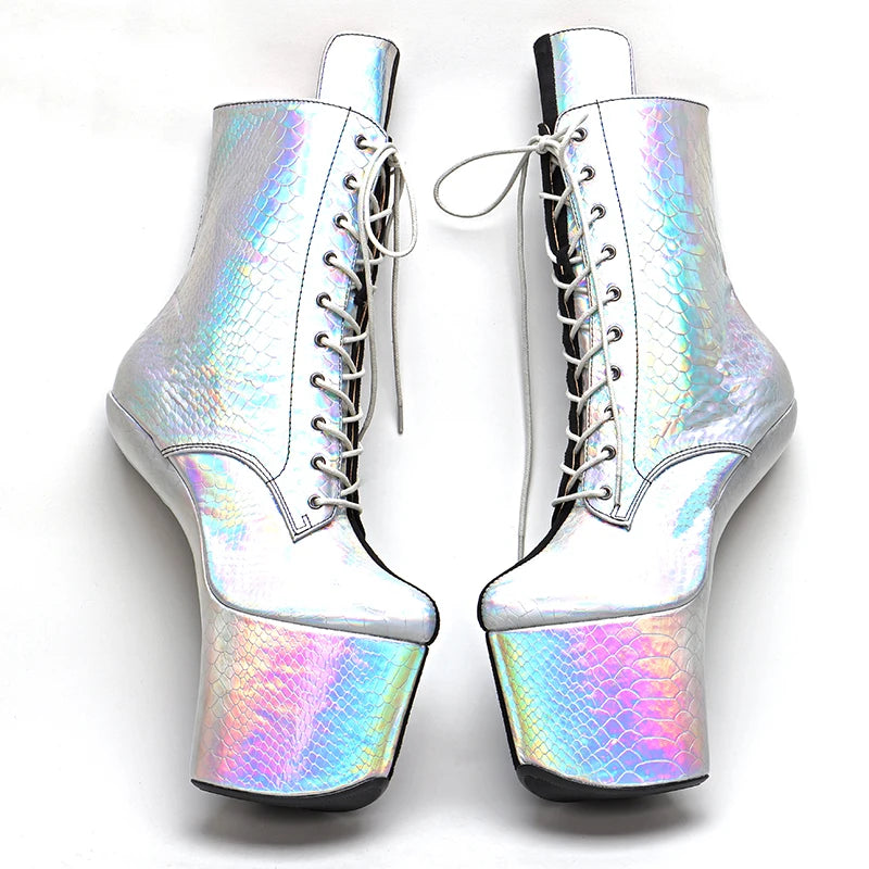 Silver with black upper Lace Up Ankle Boots y Exotic heelless pole dance shoes