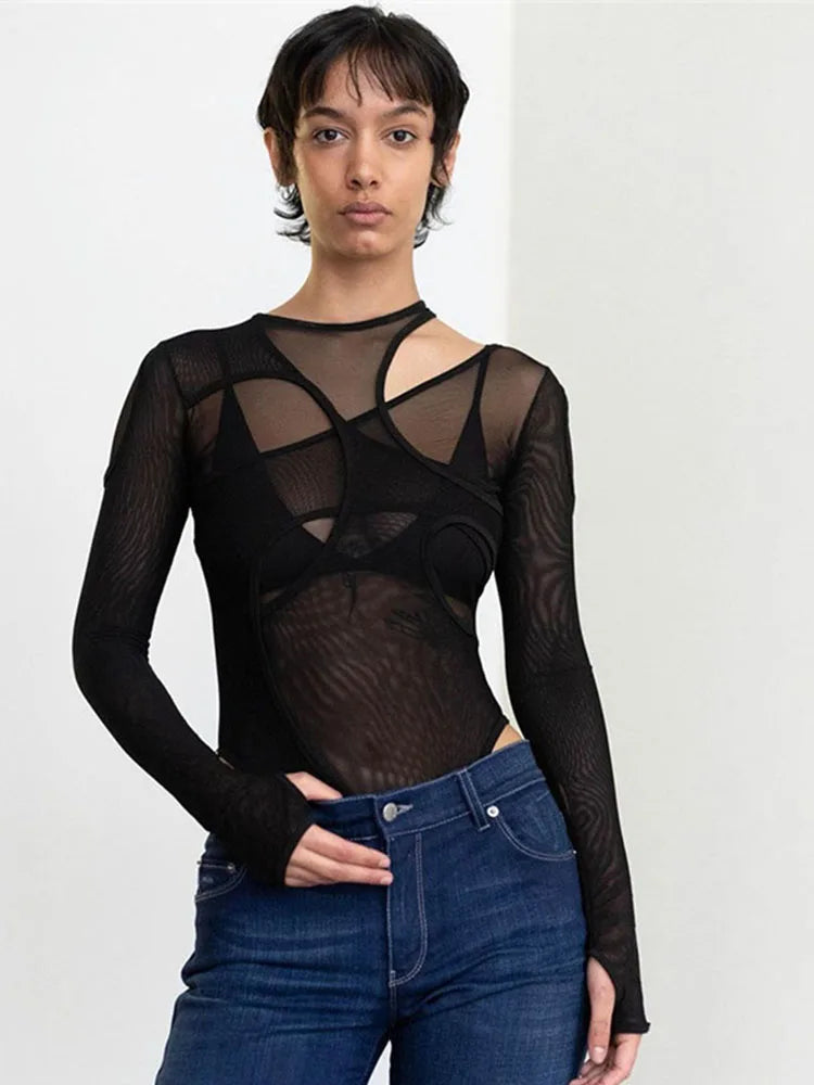 Body d'été transparent de couleur unie, Sexy, Design ajouré, haut, combinaisons, coupe cintrée, pour femmes, Clubwear de rue