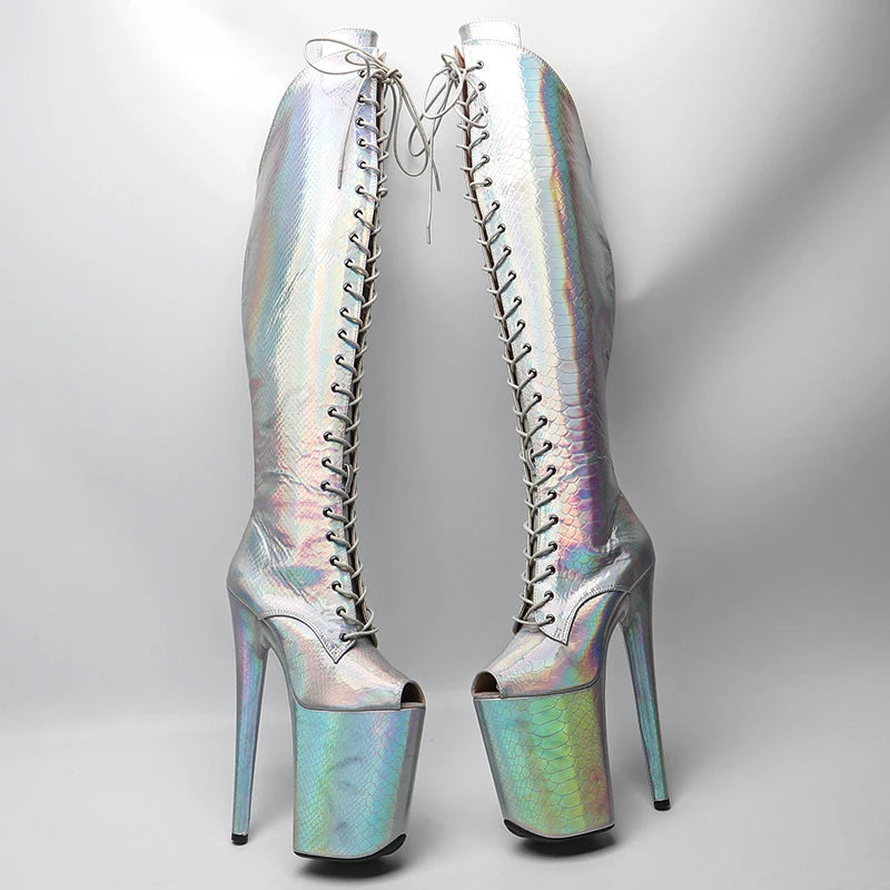 23CM/9inches Shiny Snake PU open toe fashion lady High Heel platform Pole Dance boots
