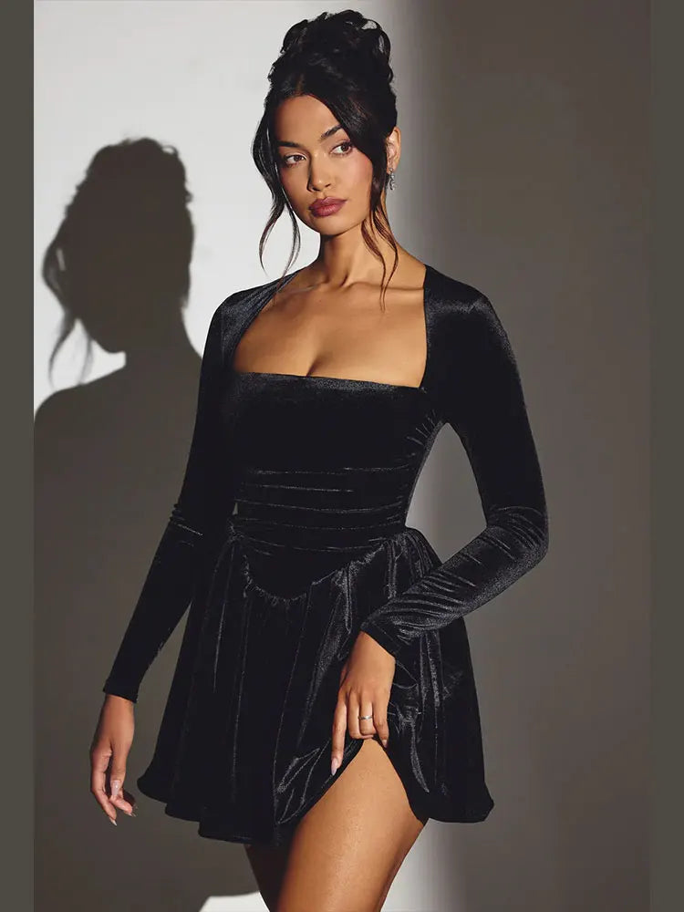 Elegant Velvet Mini Dress Women Sexy Long Sleeve Bodycon A-lime dresses Vintage Slim Fit Luxury Party Evening Short Vestidos