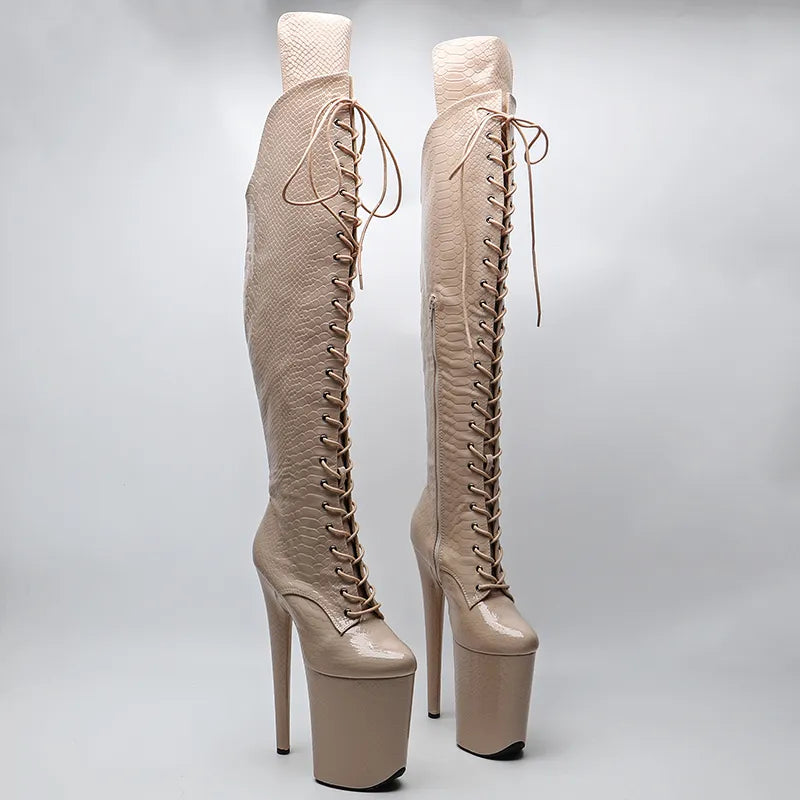23CM/9inches Snake Upper Women Fashion High Heel Platform Lace Up And Closed Toe Thigh High Boots Pole Dance Boot