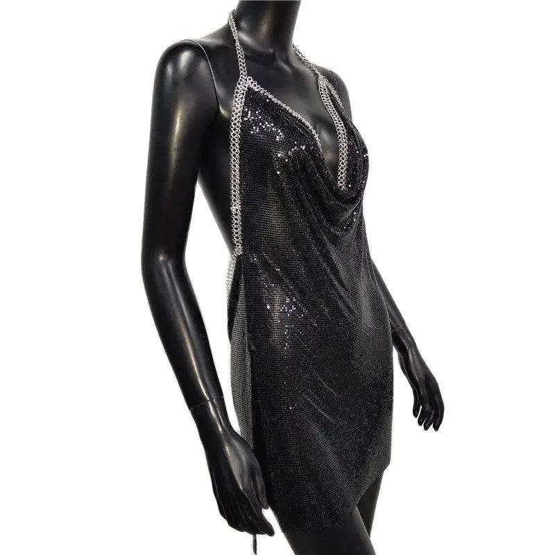 Sexy See Through Rhinestone Metal Chain Glitter Summer Dress Women Backless Slip Sequins Mini Luxury Club Party Dresses Vestidos